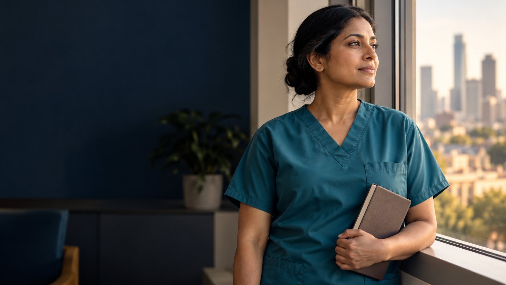 Illustrative image: a nurse holding a notebook, looking out a window over the city