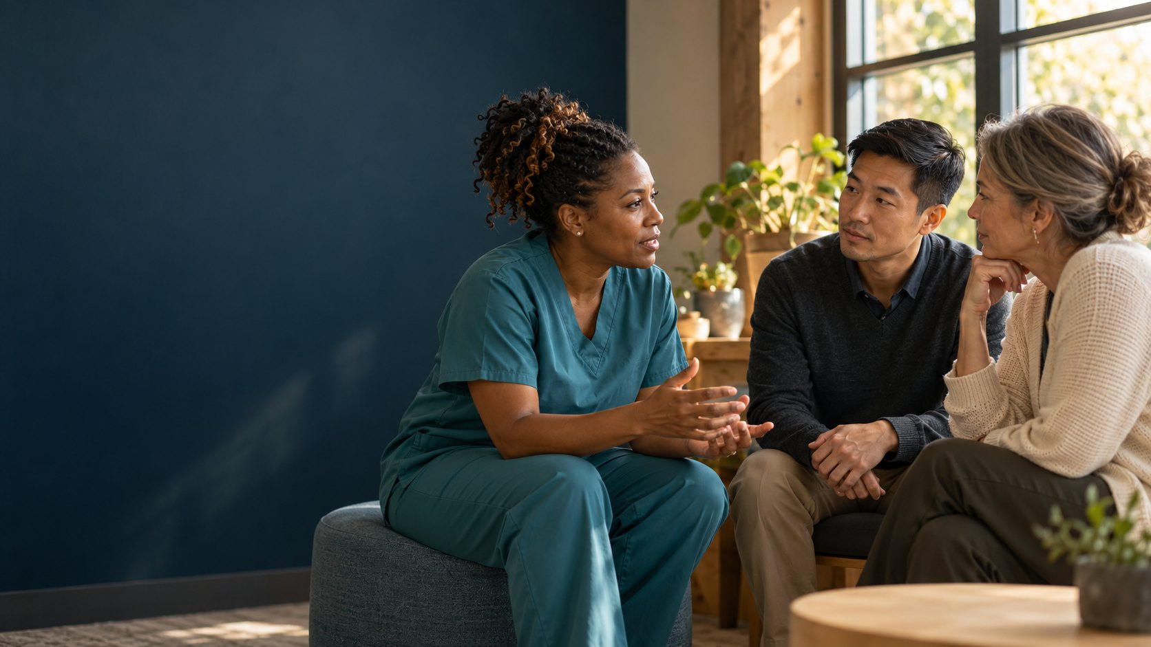 AI-generated illustration of fictional people: a nurse in teal scrubs talking with two family caregivers in a community lounge