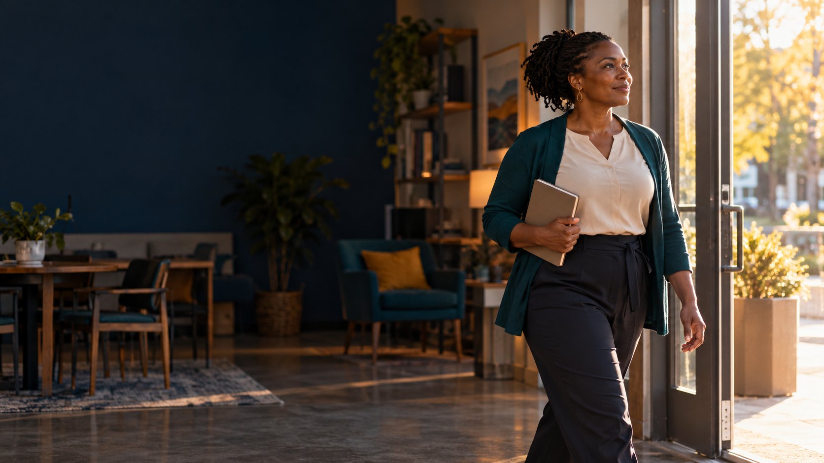 AI-generated illustration of fictional people: a woman holding a notebook stepping out through an open doorway into sunlight