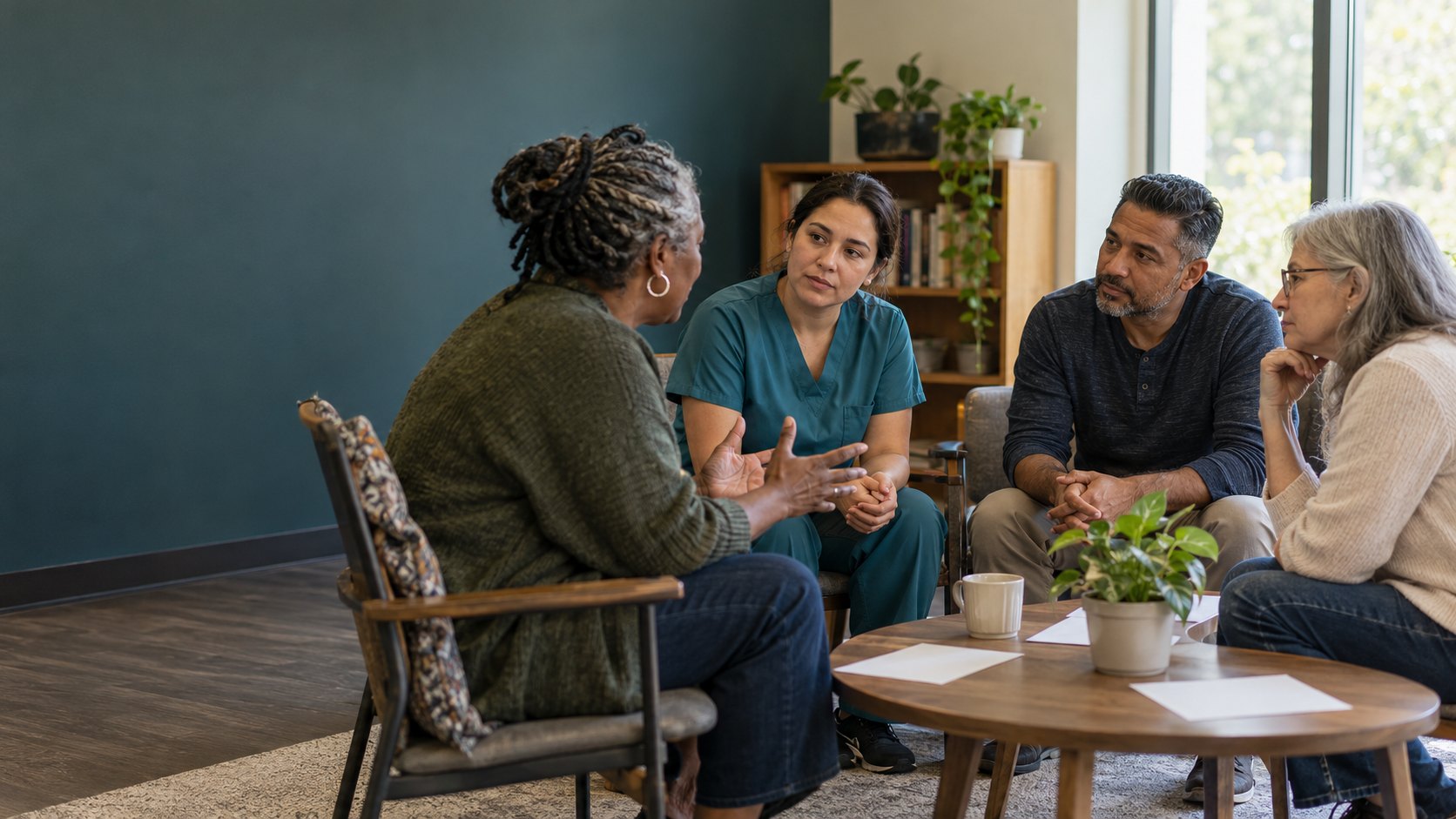 AI-generated illustration of fictional people: a nurse listening in a small circle of community members around a coffee table